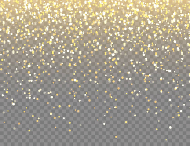 透明なベクトル背景にボケライトと輝くゴールデングリッター。金の破片で光沢のある紙吹雪を落ちる。クリスマスまたは新年グリーティングカードのための輝く光の効果 - キラキラした点のイラスト素材／クリップアート素材／マンガ素材／アイコン素材