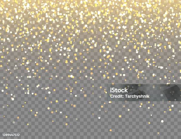 Sparkling Golden Glitter With Bokeh Lights On Transparent Vector Background Falling Shiny Confetti With Gold Shards Shining Light Effect For Christmas Or New Year Greeting Card - Arte vetorial de stock e mais imagens de Brilhante - Reluzente