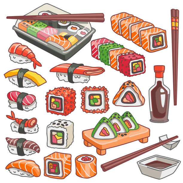 illustrazioni stock, clip art, cartoni animati e icone di tendenza di set di sushi e panini colorati. illustrazione di cibo vettoriale cartone animato isolata su sfondo bianco - temaki food sushi salmon