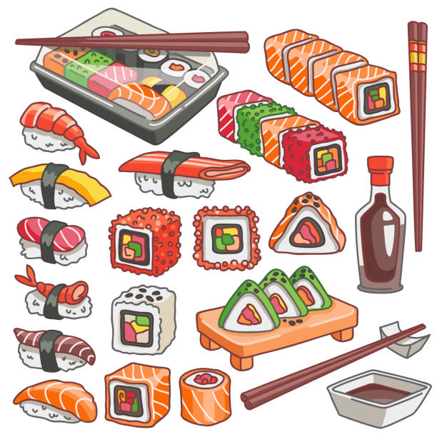 Colorful sushi and rolls set. Cartoon vector food illustration isolated on white background Japanese traditional cuisine dishes - nigiri, temaki, sashimi, uramaki, futomaki. cartoon of the sushi plate stock illustrations
