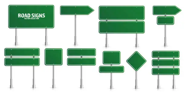 Vector illustration of Road green traffic signs set. Blank board with place for text. Mockup. Isolated information sign. Direction. Vector illustration