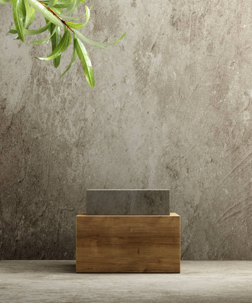 Pedestal for natural cosmetic product presentation. Wood podium with plant leaves. 3d illustration stock photo