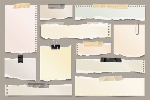 컬러 찢어진 종이 스트립 컬렉션. 찢어진 가장자리와 접착제 테이프로 사실적인 종이 스크랩. 스티커 노트, 노트북 페이지의 조각. 벡터 일러스트레이션 - cardboard adhesive tape textured backgrounds stock illustrations