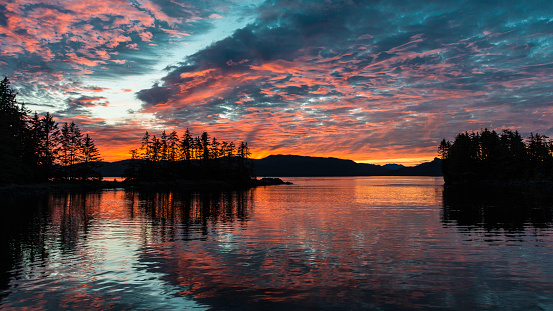 Sunset from the Brothers Islands in Frederick Sound, Tongass National Forest, Alaska.