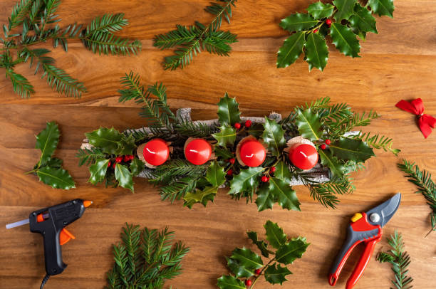 istock Making affordable handmade advent candles stick holder from natural eco materials. DIY, sustainable Christmas, zero waste, plastic free, eco friendly gift and home decor. Top view. 1289453801