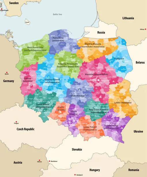 Vector illustration of vector map of Poland administrative divisions colored by provinces(known as voivodeships) with neighbouring countries an territories