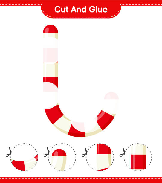 ilustrações de stock, clip art, desenhos animados e ícones de cut and glue, cut parts of candy canes and glue them. educational children game, printable worksheet, vector illustration - candy cane flash