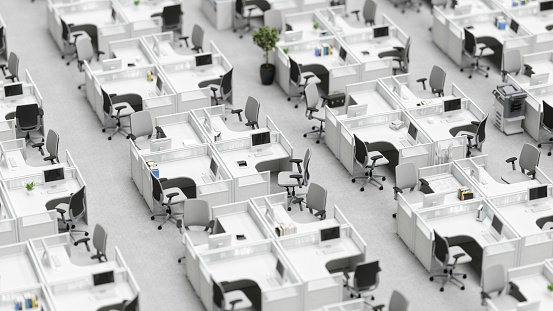 Interior of an empty modern office cubicles from high angle view with tilt-shift effect.