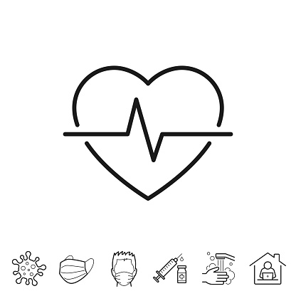 Heartbeat - Heart pulse. Trendy icon isolated on white and blank background for your design. Includes 6 popular icons: - Coronavirus cell (COVID-19), - Medical or surgical face mask, - Man in medical face protection mask, - Vaccination - Syringe and vaccine vial, - Washing hands with soap and water, - Work from home. Vector Illustration (EPS10, well layered and grouped), easy to edit, manipulate, resize or colorize. And Jpeg file of different sizes.