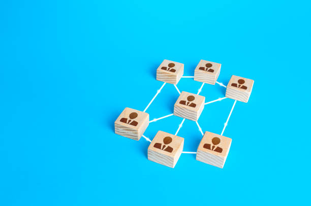 istock Blocks of people connected in one network. Communication and interaction, building business relationships. Distribution responsibilities. Team building formation. Cooperation without leader 1289459719