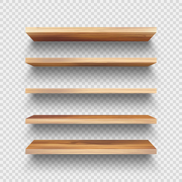 istock Realistic empty wooden store shelves set. Product shelf with wood texture. Grocery wall rack. Vector illustration 1289459801
