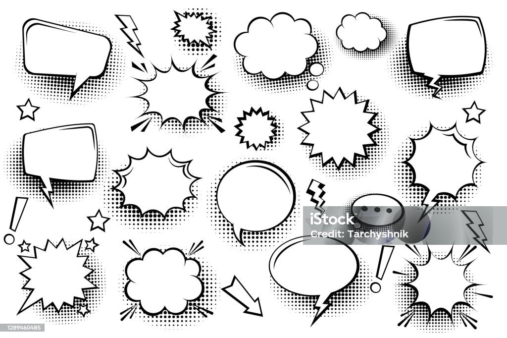 Collection Of Empty Comic Speech Bubbles With Halftone Shadows Hand Drawn  Retro Cartoon Stickers Pop Art Style Vector Illustration Stock Illustration  - Download Image Now - iStock