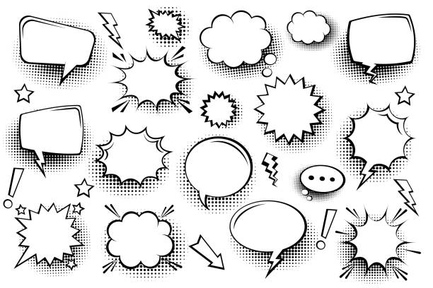 Collection of empty comic speech bubbles with halftone shadows. Hand drawn retro cartoon stickers. Pop art style. Vector illustration Collection of empty comic speech bubbles with halftone shadows. Hand drawn retro cartoon stickers. Pop art style. Vector illustration balloon designs stock illustrations