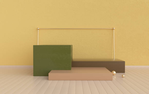 istock 3d rendered studio with geometric shapes, podium on the floor. Platforms for product presentation, mock up background. Abstract composition in minimal design, pastel and gold colors 1289461374