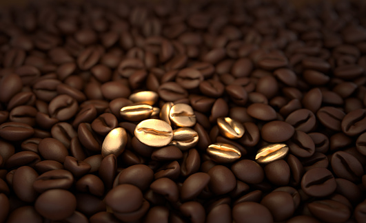 Roasted coffee beans 3d rendering background. Masses of coffee beans close up. Few golden beans