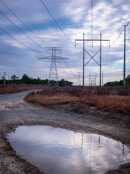 istock Electrical pylons with high voltage power lines on the footpath with puddle 1289462316