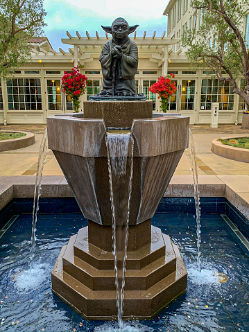 San Francisco, California, 11 December 2019 – Yoda Fountain featuring the famous Star Wars character outside of the Lucasfilm headquarters