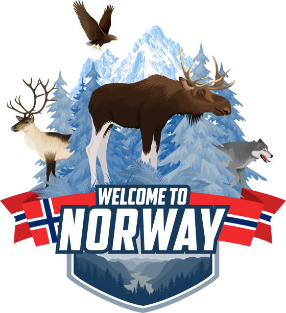 ilustrações, clipart, desenhos animados e ícones de vetor noruega montanhas emblema florestal com alce, raindeer, lobo e águia de cauda branca - wolf norway woods winter