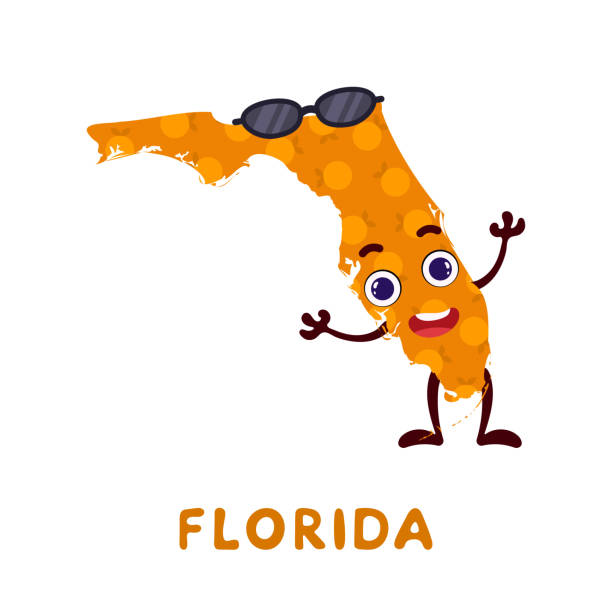 süße cartoon florida zustand charakter clipart. illustrierte karte des bundesstaates florida der usa mit staatsnamen. lustige charakter-design für kinder-spiel, aufkleber, karten, poster. vektor-stock-illustration. - doodle map drawing sunglasses stock-grafiken, -clipart, -cartoons und -symbole