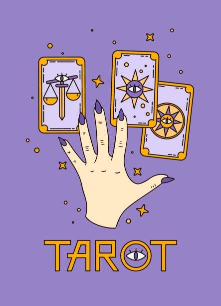 타로 독자를 위한 로고, 기념품 인쇄, 타로 카드에 대한 그림 세트. 타로 카드, 점쟁이, 마녀, 여성의 손, 마법, 사랑 주문, 신비주의, 예측, 난해에 말하는 행운 - occultism stock illustrations