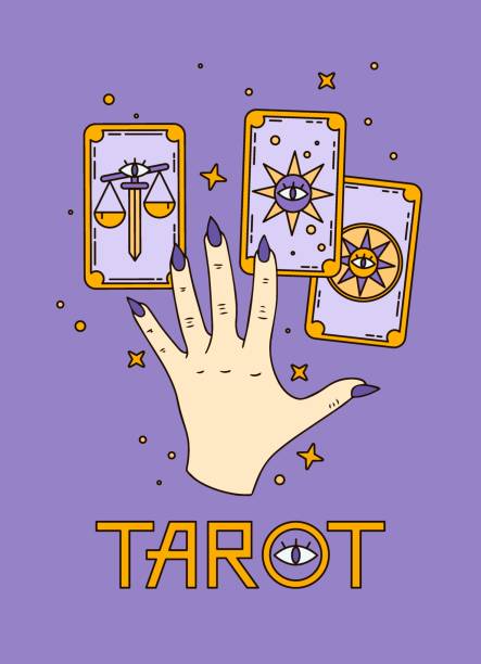 ilustrações de stock, clip art, desenhos animados e ícones de logo for a tarot reader, print for souvenirs, a set of drawings about tarot card. fortune telling on tarot cards, fortuneteller, witch, female hand, magic, love spell, occultism, prediction, esoteric - information medium illustrations