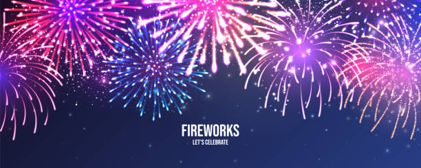 istock Festive fireworks. Realistic colorful firework. Christmas or New Year greeting card. Diwali festival of lights. Vector illustration 1289468360