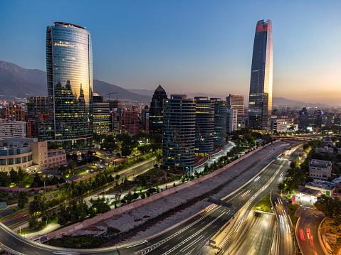 Aerial view of Santiago de Chile financial district at sunset