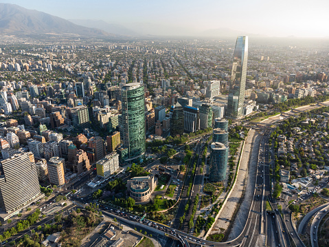 Aerial view of Sanhattan, the financial district of Santiago de Chile, at sunset