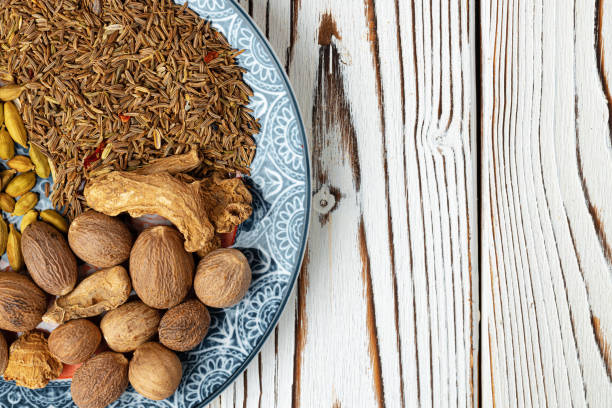 istock Spices in plate on wooden table close up 1289472522