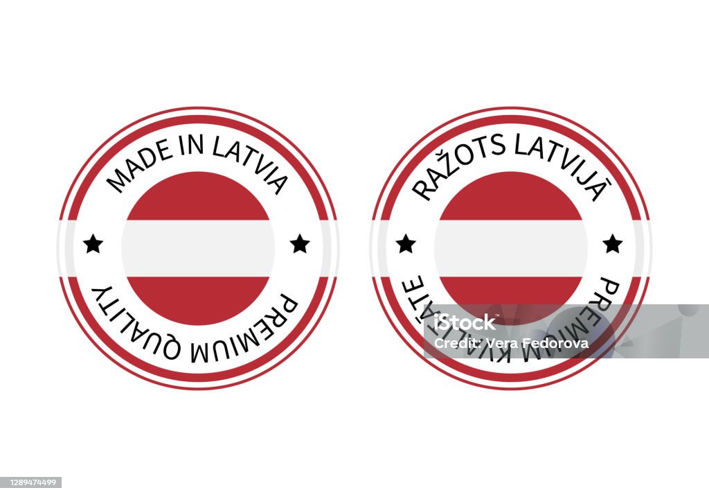 ラトビア語で作られた英語とラトビア語のラベル品質マーク ベクトル アイコンロゴデザインタグバッジステッカーエンブレム製品パッケージなどに最適