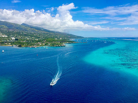 When flying away from Bora Bora island, the Aerial View of the Paradise Bora Bora Island is truly amazing. Here is the beautiful coast line near Tahiti.