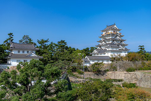 Fukuyama, Hiroshima, Japan - October 7 2019 : Scenery of the Fukuyama Castle. The castle was built on a hill on the Fukuyama plain and it was the capital of Bingo Fukuyama Han. Construction was started in 1619 during the Genna era, and was completed in 1622.