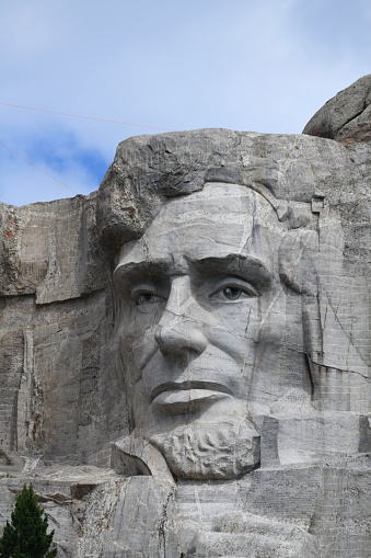 Face of Abraham Lincoln at Mt Rushmore, South Dakota, United States.