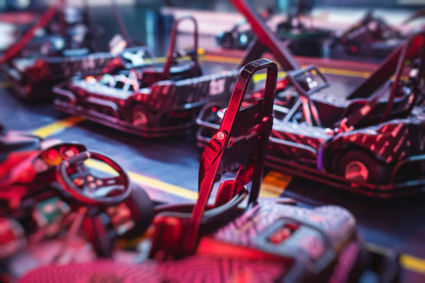 View of indoor electric karting racetrack, kart competition, go-cart racing track, with engine View of indoor electric karting racetrack, kart competition, go-cart racing track go carting stock pictures, royalty-free photos & images