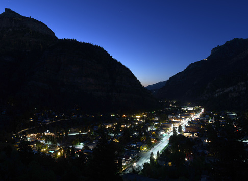 Night falls over quiet, charming town of Ouray, Colorado.