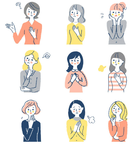 ilustraciones, imágenes clip art, dibujos animados e iconos de stock de un conjunto de nueve mujeres jóvenes en problemas - worried