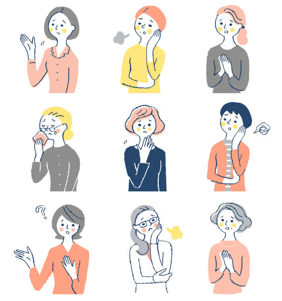 A set of 9 middle-aged and older women in trouble Female, negative, upper body, facial expression sighing stock illustrations