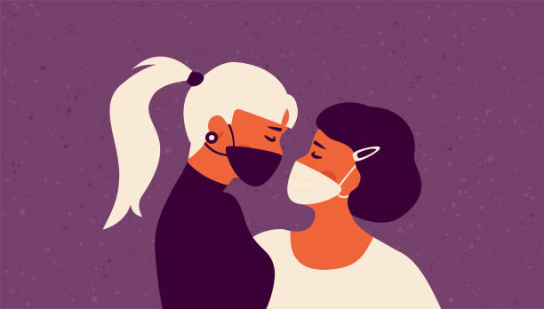 女同性戀愛夫婦戴著保護性面罩。lgbt 和新的正常概念。 - 吻 插圖 幅插畫檔、美工圖案、卡通及圖標
