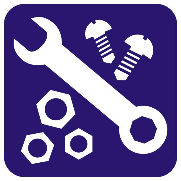 набор иконок, гайка, гаечный ключ и винт, синяя рама, eps. - hardware store hexagon bolt work tool stock illustrations