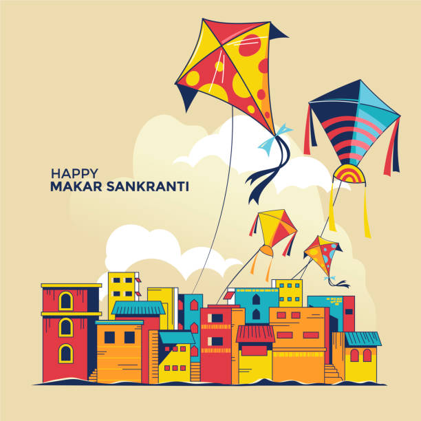 ilustraciones, imágenes clip art, dibujos animados e iconos de stock de niños vuelan cometas para la fiesta makar sankranti festival de cosecha hindú - festival tradicional ilustraciones