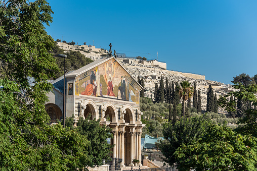 Church of all nations,  or Basilica of the Agony,  a Roman Catholic church located on the Mount of Olives in Jerusalem, next to the Garden of Gethsemane, and valley of Kidron, Jerusalem, Israel.