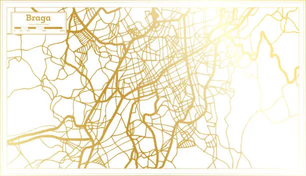 Vector illustration of Braga Portugal City Map in Retro Style in Golden Color. Outline Map.