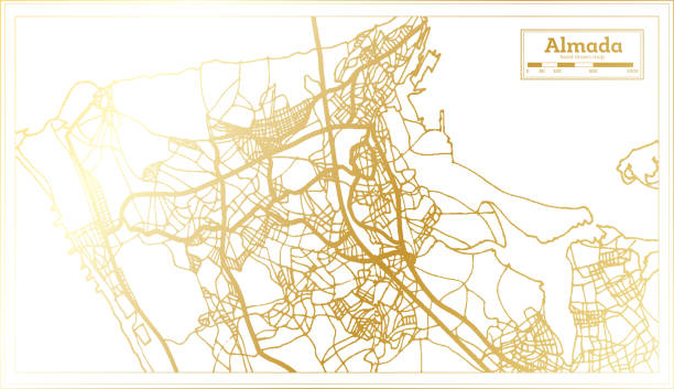 ilustrações de stock, clip art, desenhos animados e ícones de almada portugal city map in retro style in golden color. outline map. - almada