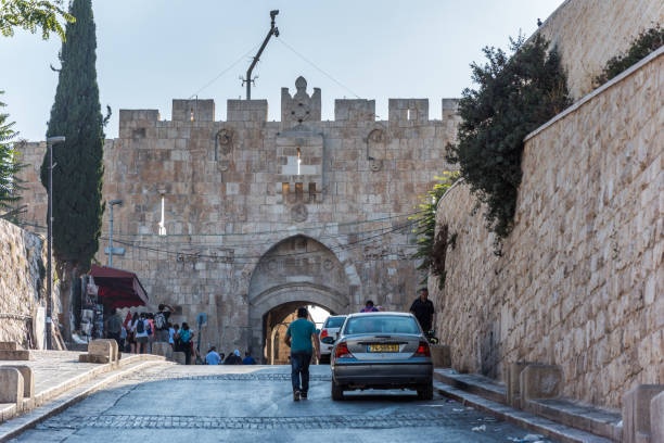 The Lions' Gate,  St. Stephen's Gate or Sheep Gate, located in the Eastern Wall of Jerusalam old City, Islamic quarter, the entrance marks the beginning of the Via Dolorosa. The Lions' Gate,  St. Stephen's Gate or Sheep Gate, located in the Eastern Wall of Jerusalam old City, Islamic quarter, the entrance marks the beginning of the Via Dolorosa. east vancouver stock pictures, royalty-free photos & images