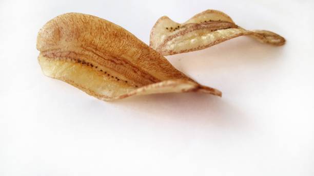 istock Fried sliced banana chips on white background. 1289501159