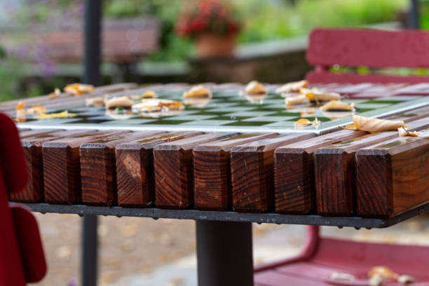 istock Wooden chess board and leaves in park 1289503675