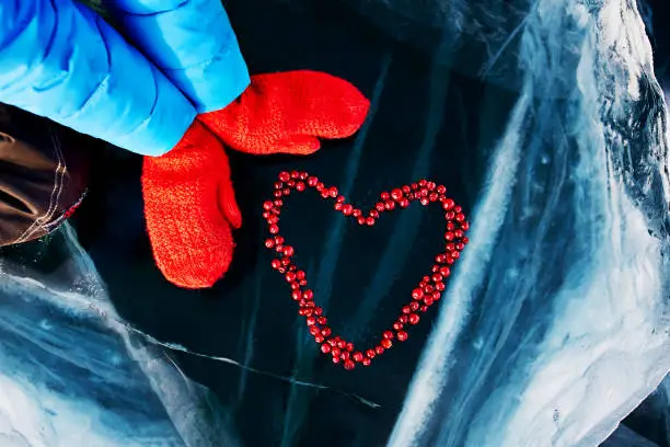 The heart is made of cranberry berries on the ice of lake Baikal. Hands of a girl in red mittens. Beautiful winter background for Valentine day.