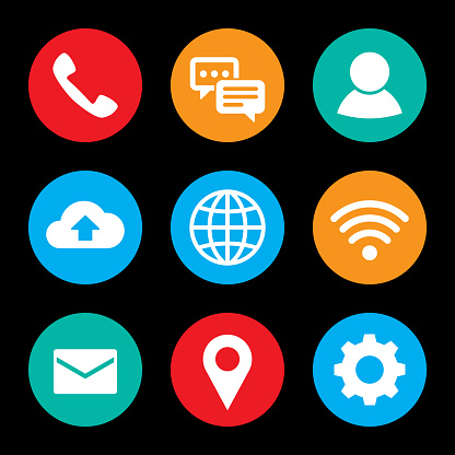 Vector illustration of a set of multi-colored smartphone icons in flat style against a black background.