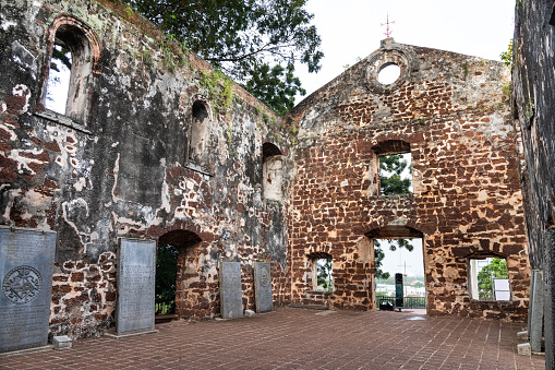 Portuguese historic ruins of Saint Paul Church with tombstone is Malacca popular tourist destination in Malaysia. No people.