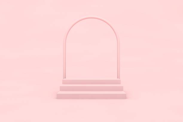 Pink arc with stairs in empty pink room, realistic 3d illustration. Winners podium front view, conceptual interior design with empty space for merchandising